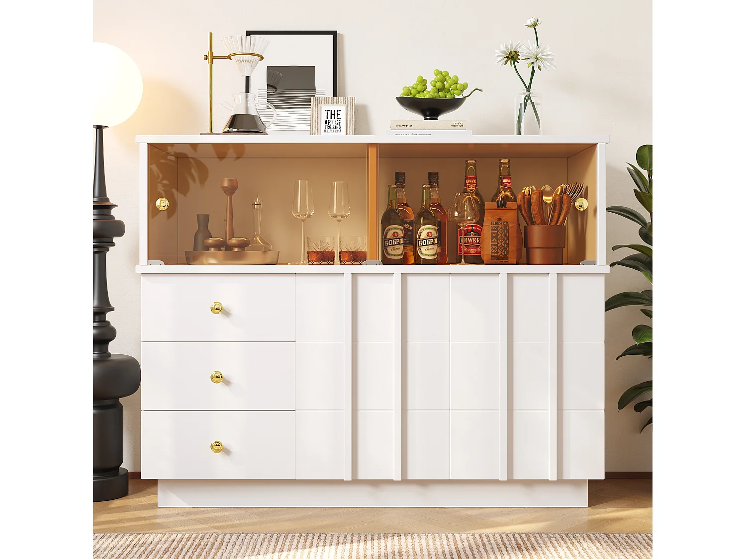 Buffet, armoire de cuisine avec 4 portes et 3 tiroirs - 120 x 33 x 95 cm - Bois MDF et portes en verre fumé - Blanc