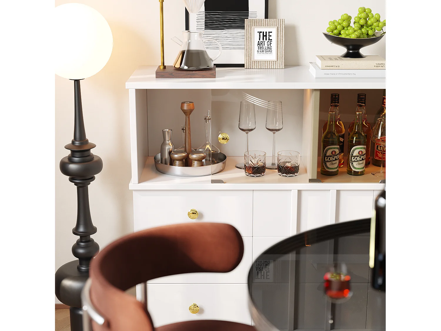 Buffet, armoire de cuisine avec 4 portes et 3 tiroirs - 120 x 33 x 95 cm - Bois MDF et portes en verre fumé - Blanc