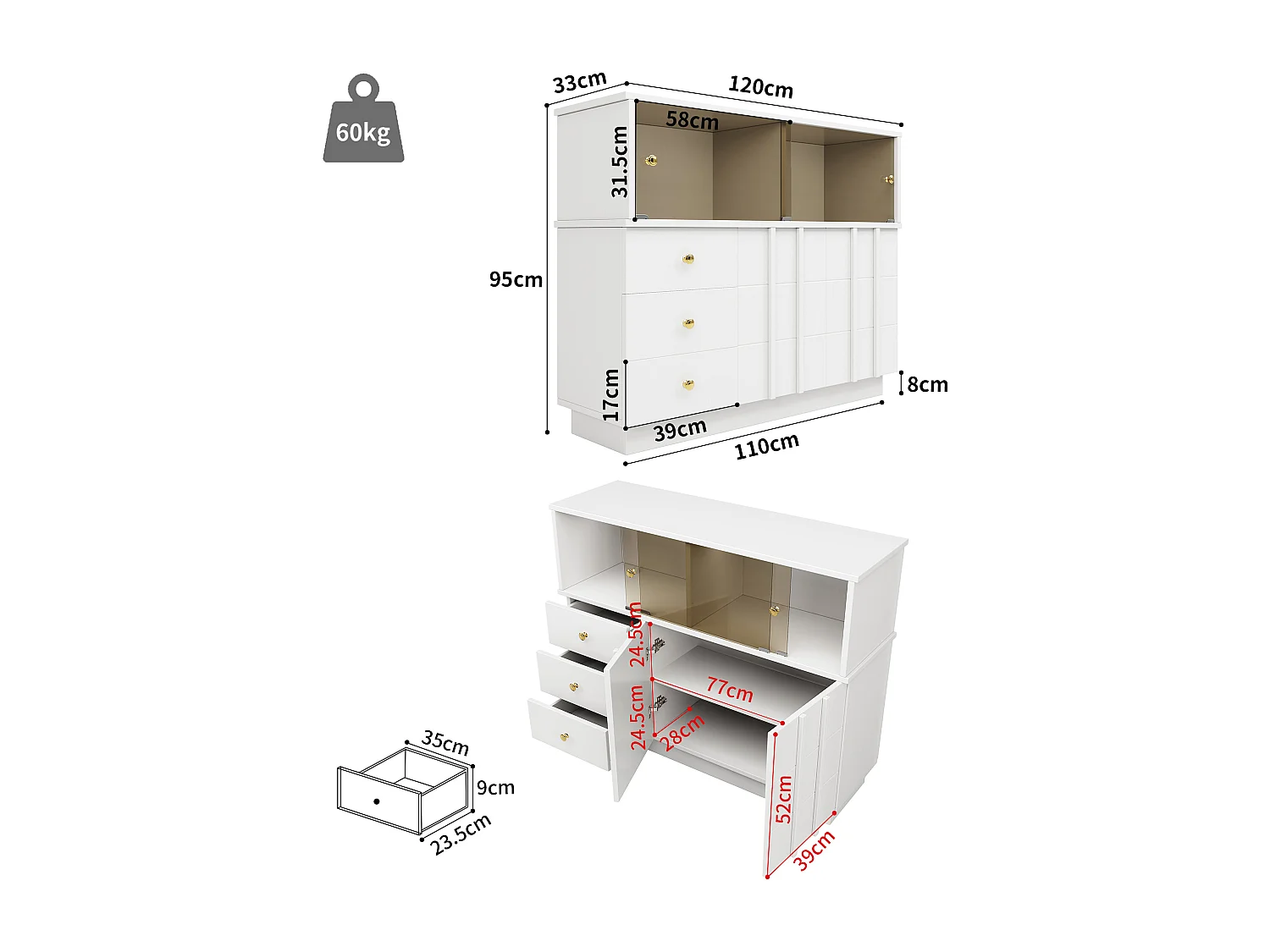Buffet, armoire de cuisine avec 4 portes et 3 tiroirs - 120 x 33 x 95 cm - Bois MDF et portes en verre fumé - Blanc