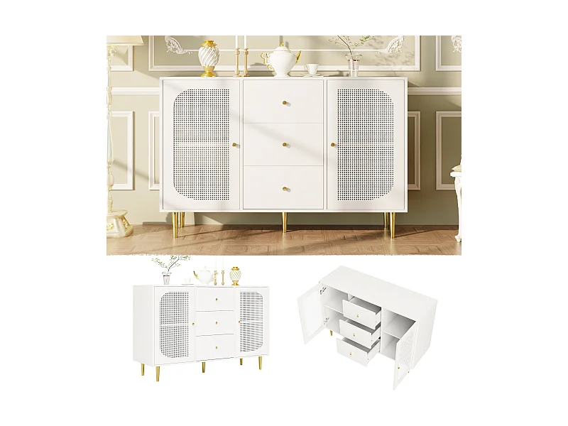 Niedriges Sideboard mit 2 Türen und 3 Schubladen – 120 x 40 x 90 cm – MDF- und PE-Rattanholz – Goldfarbene Metallbeine – Weiß