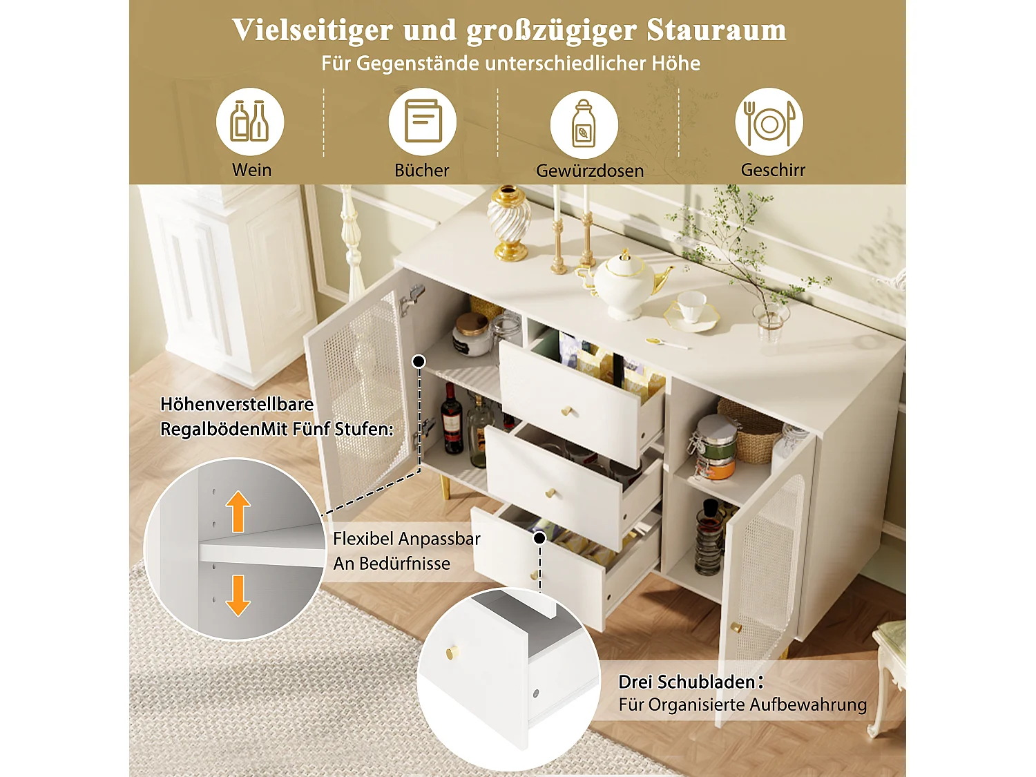 Credenza bassa con 2 ante e 3 cassetti - 120 x 40 x 90 cm - MDF e legno di rattan PE - Gambe in metallo dorato - Bianco