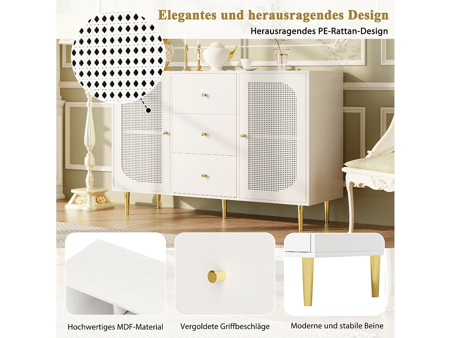 Credenza bassa con 2 ante e 3 cassetti - 120 x 40 x 90 cm - MDF e legno di rattan PE - Gambe in metallo dorato - Bianco
