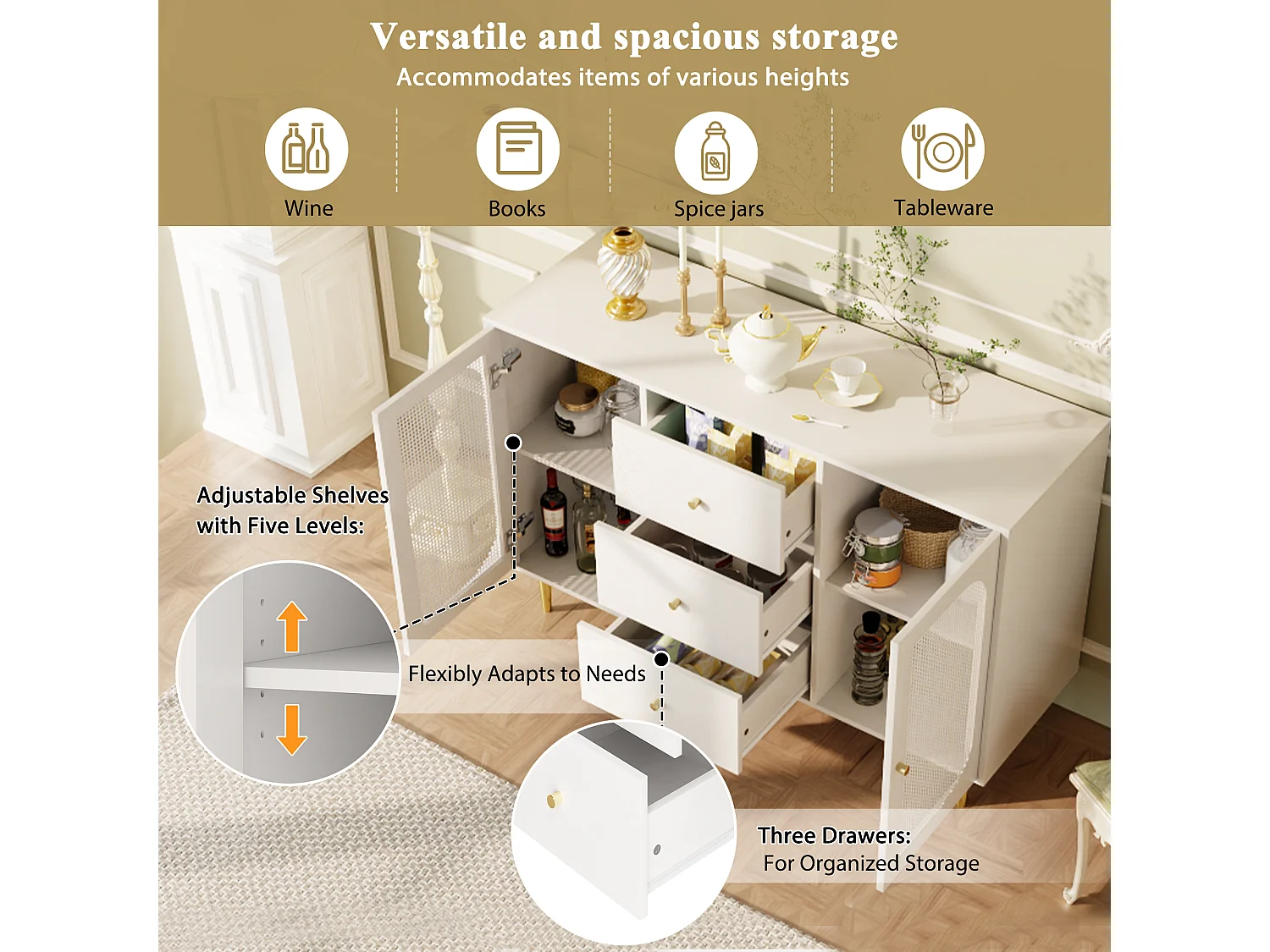 Credenza bassa con 2 ante e 3 cassetti - 120 x 40 x 90 cm - MDF e legno di rattan PE - Gambe in metallo dorato - Bianco