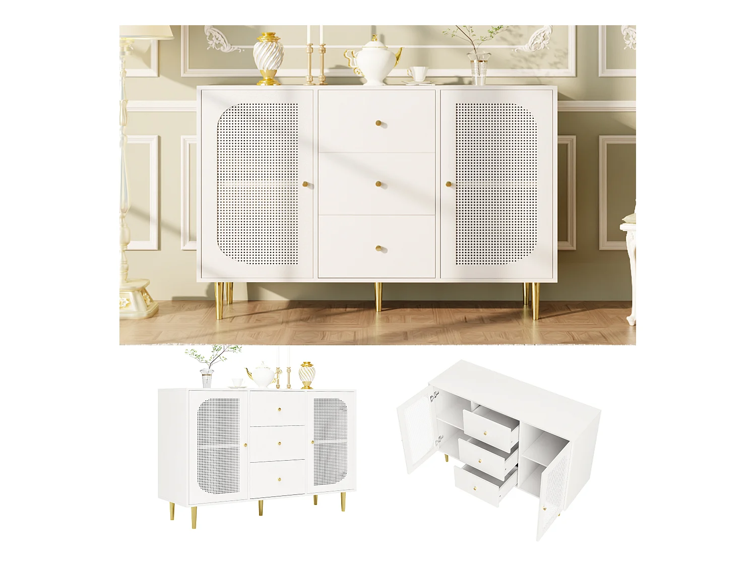 Niedriges Sideboard mit 2 Türen und 3 Schubladen – 120 x 40 x 90 cm – MDF- und PE-Rattanholz – Goldfarbene Metallbeine – Weiß