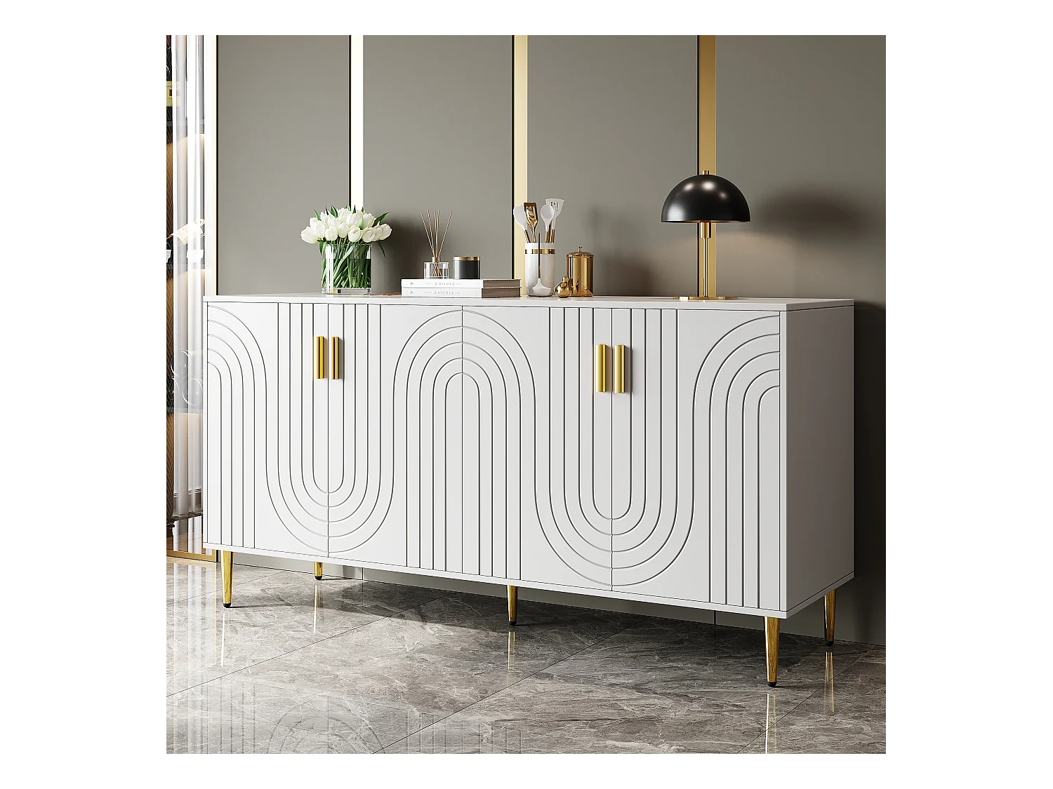 Buffet avec 4 portes - 152 x 40 x 75 cm - Bois MDF - Design de vagues - Blanc