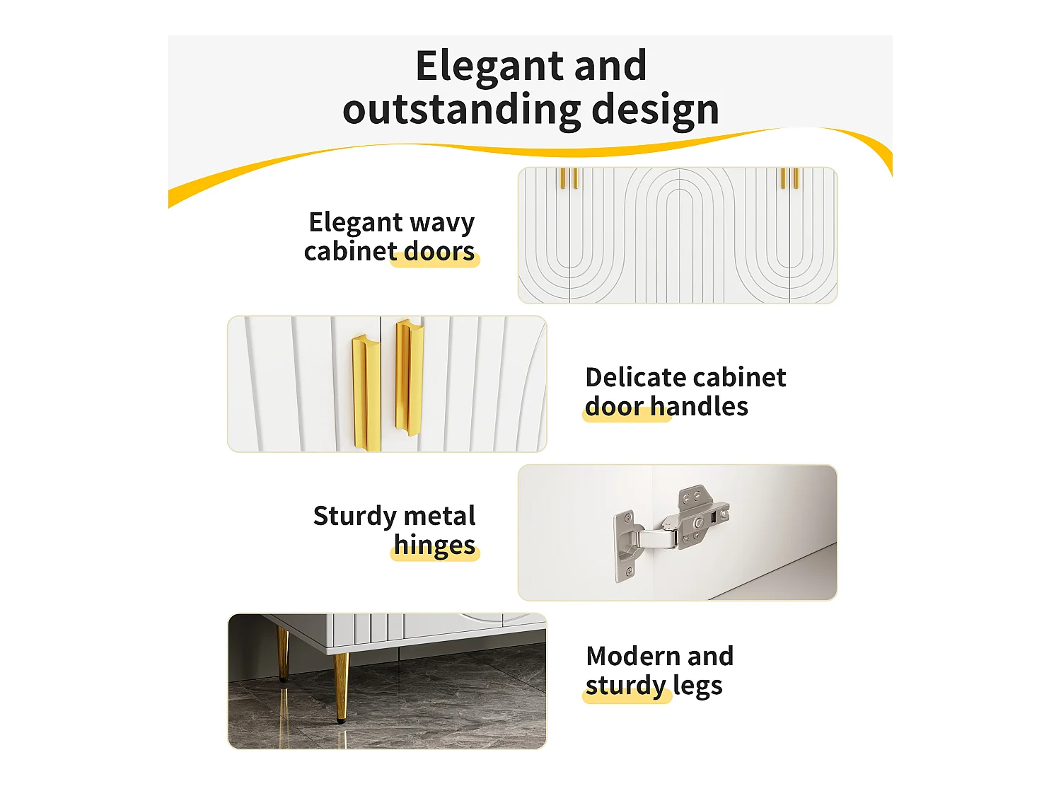 Buffet avec 4 portes - 152 x 40 x 75 cm - Bois MDF - Design de vagues - Blanc