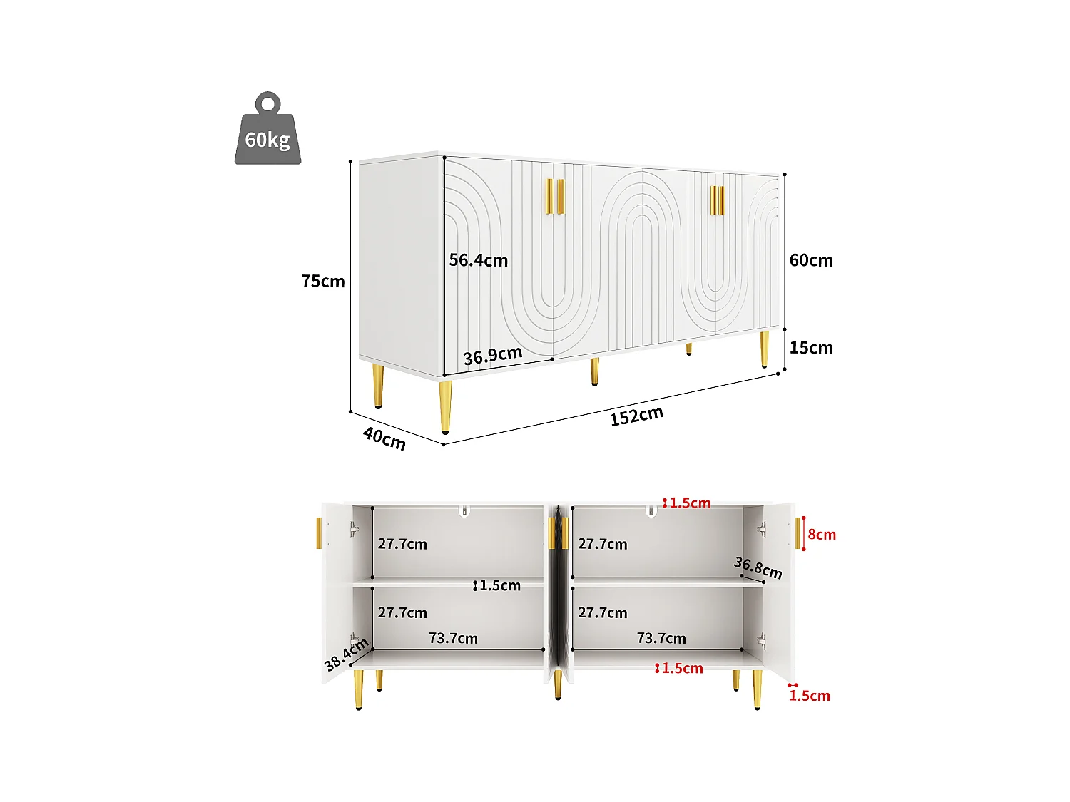 Buffet avec 4 portes - 152 x 40 x 75 cm - Bois MDF - Design de vagues - Blanc
