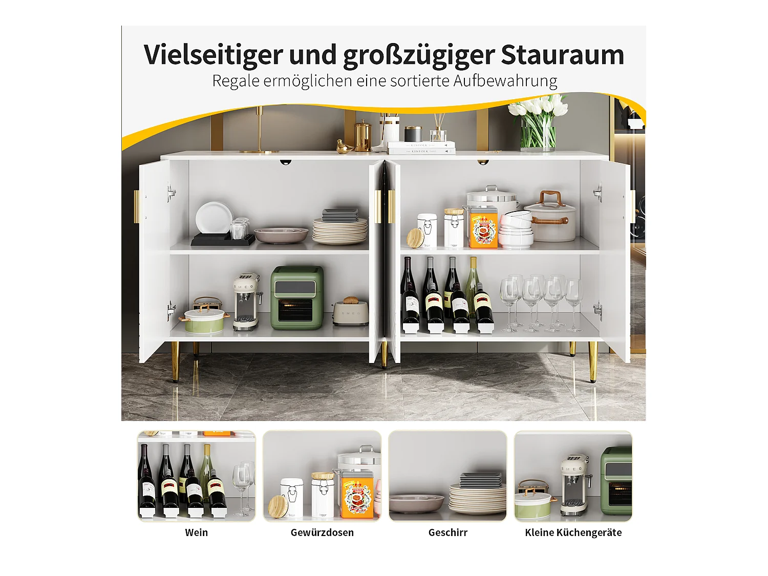 Buffet avec 4 portes - 152 x 40 x 75 cm - Bois MDF - Design de vagues - Blanc