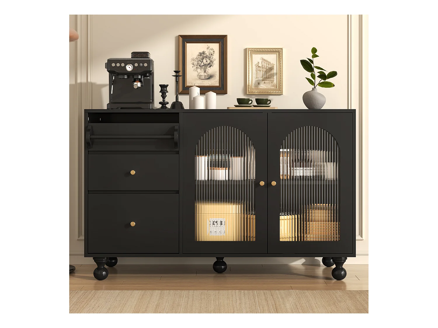 Dressoir, keukenkast met 2 deuren, 3 lades en handdoekenrek - 120 x 40 x 75,5 cm - MDF hout - Zwart