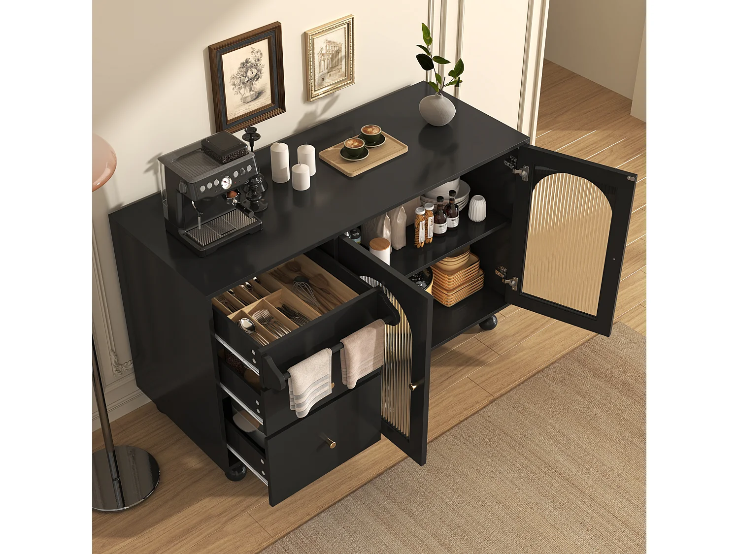 Dressoir, keukenkast met 2 deuren, 3 lades en handdoekenrek - 120 x 40 x 75,5 cm - MDF hout - Zwart