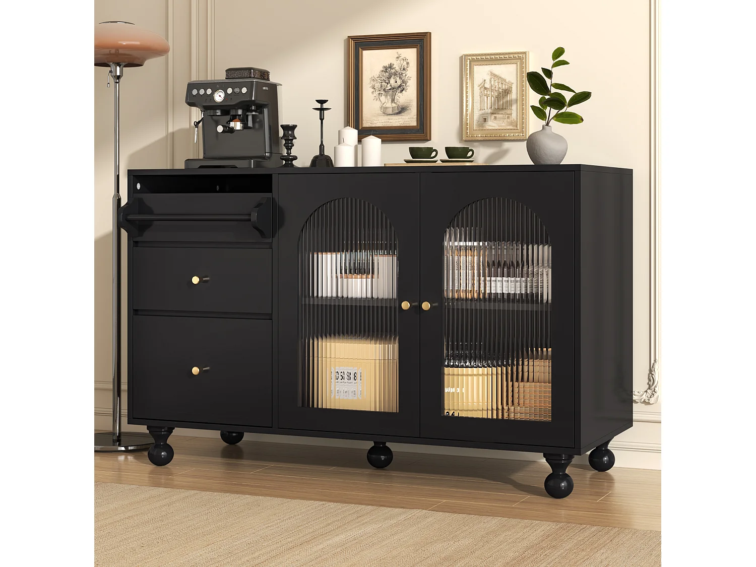 Dressoir, keukenkast met 2 deuren, 3 lades en handdoekenrek - 120 x 40 x 75,5 cm - MDF hout - Zwart