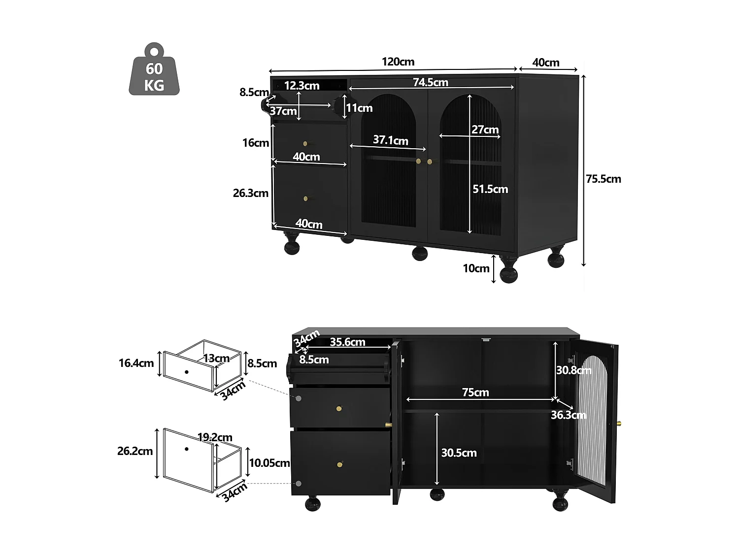 Dressoir, keukenkast met 2 deuren, 3 lades en handdoekenrek - 120 x 40 x 75,5 cm - MDF hout - Zwart