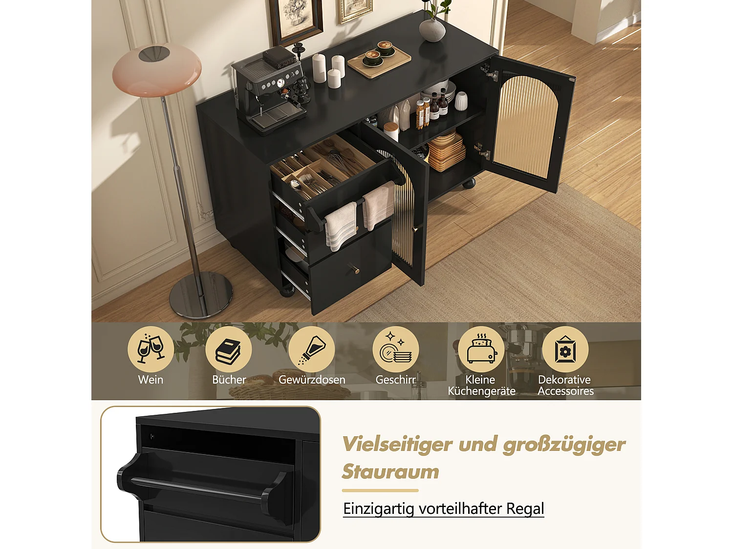 Dressoir, keukenkast met 2 deuren, 3 lades en handdoekenrek - 120 x 40 x 75,5 cm - MDF hout - Zwart