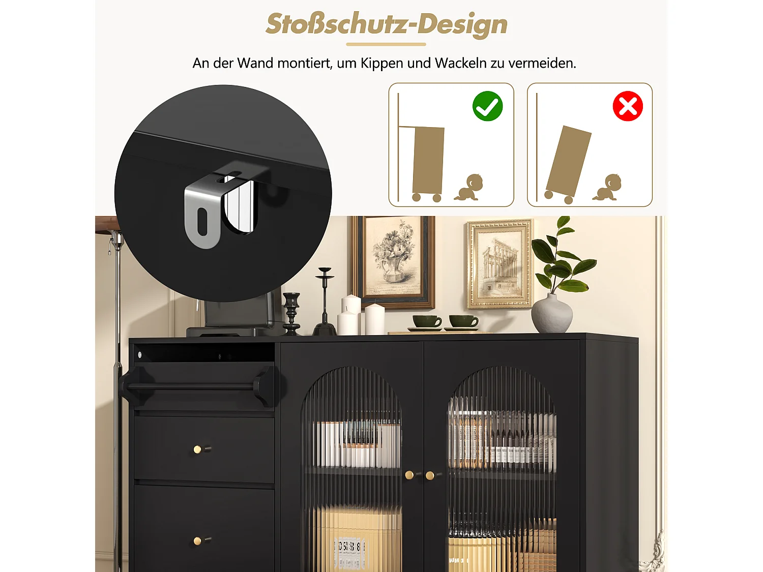 Dressoir, keukenkast met 2 deuren, 3 lades en handdoekenrek - 120 x 40 x 75,5 cm - MDF hout - Zwart