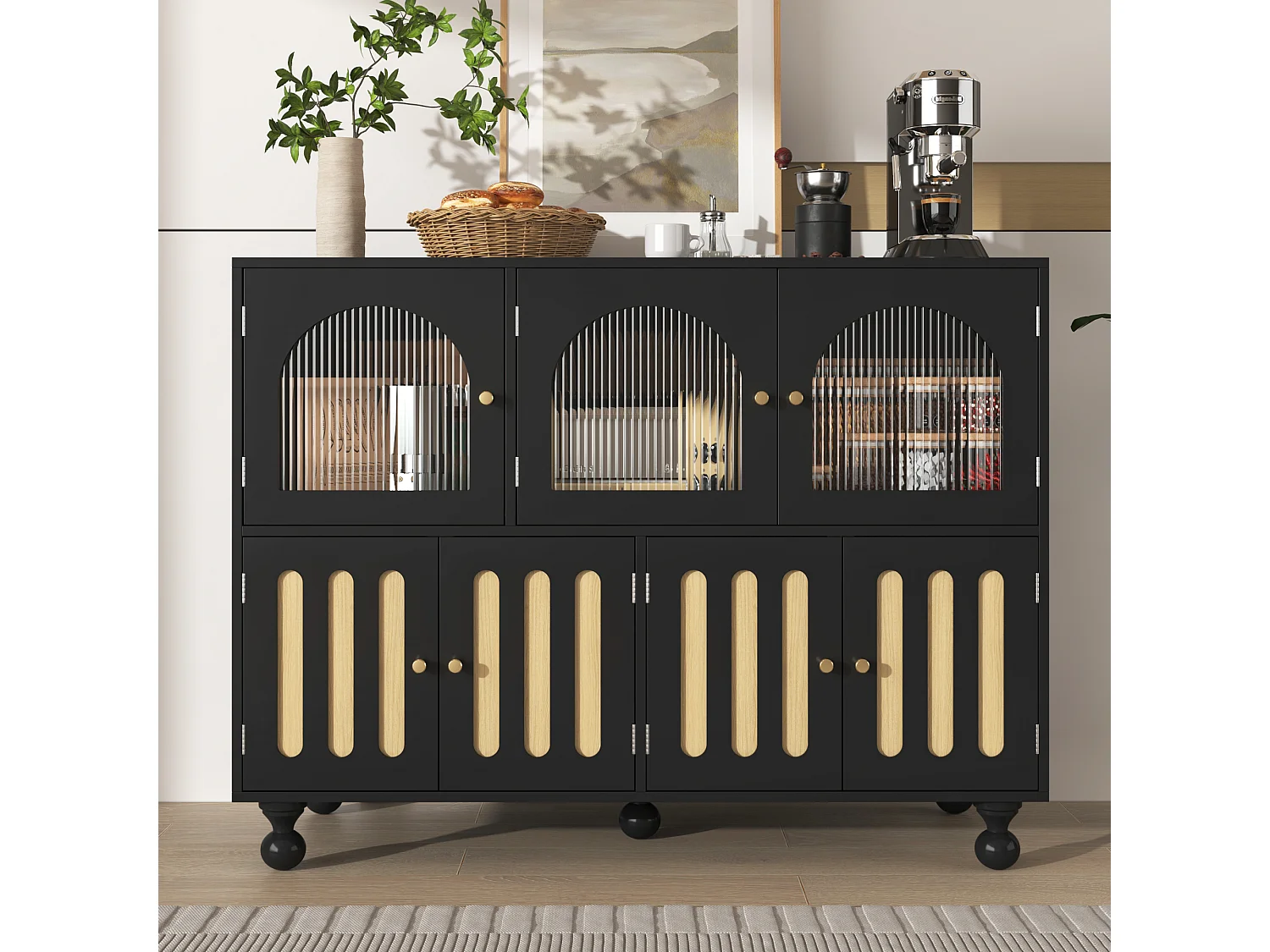 Modern dressoir met 7 deuren - 120 x 40 x 90 cm - MDF hout - Voor woonkamer of keuken - Zwart