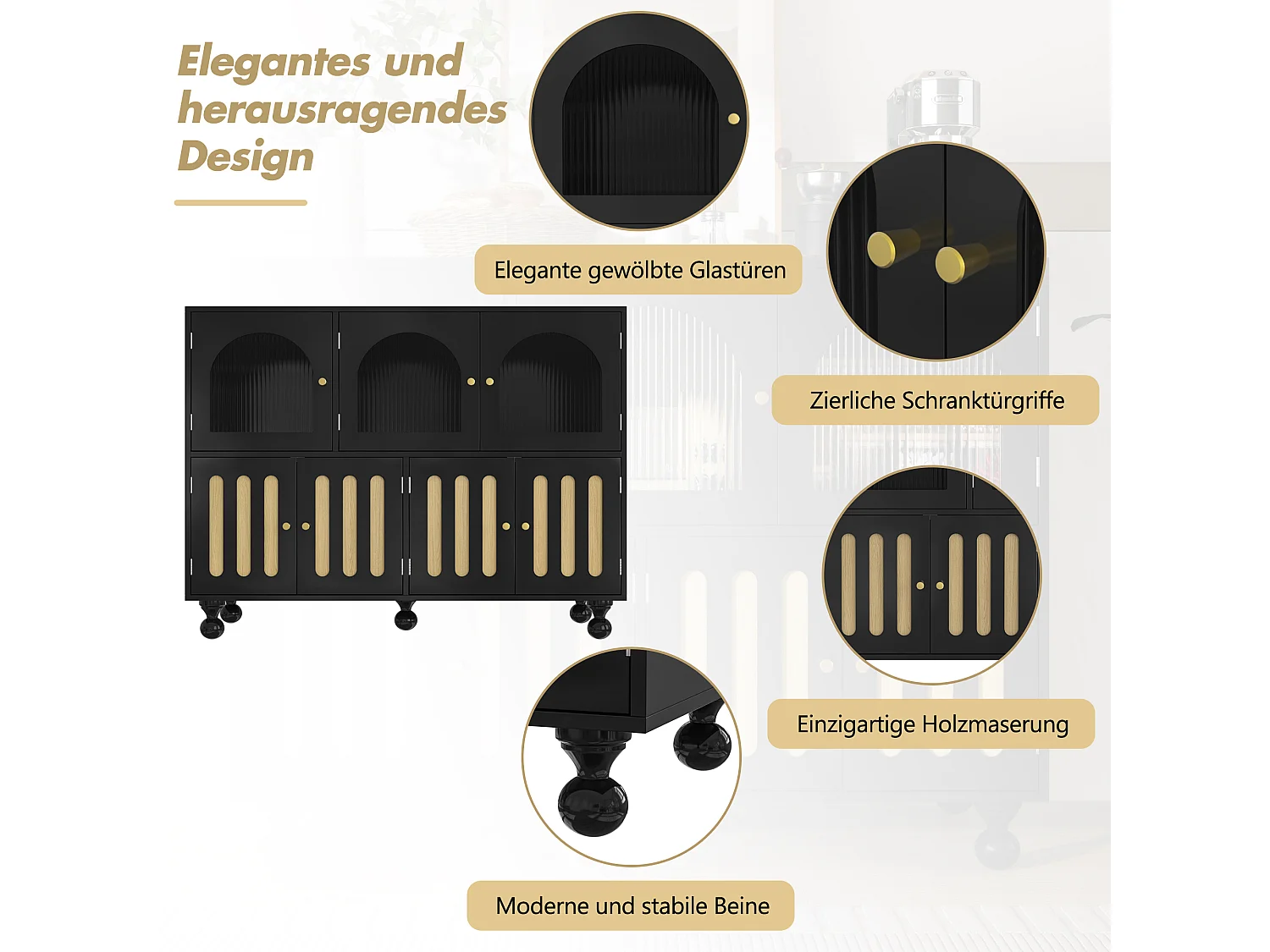 Modern dressoir met 7 deuren - 120 x 40 x 90 cm - MDF hout - Voor woonkamer of keuken - Zwart