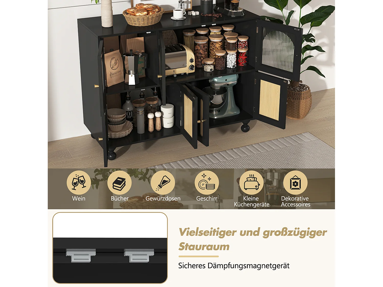 Modern dressoir met 7 deuren - 120 x 40 x 90 cm - MDF hout - Voor woonkamer of keuken - Zwart