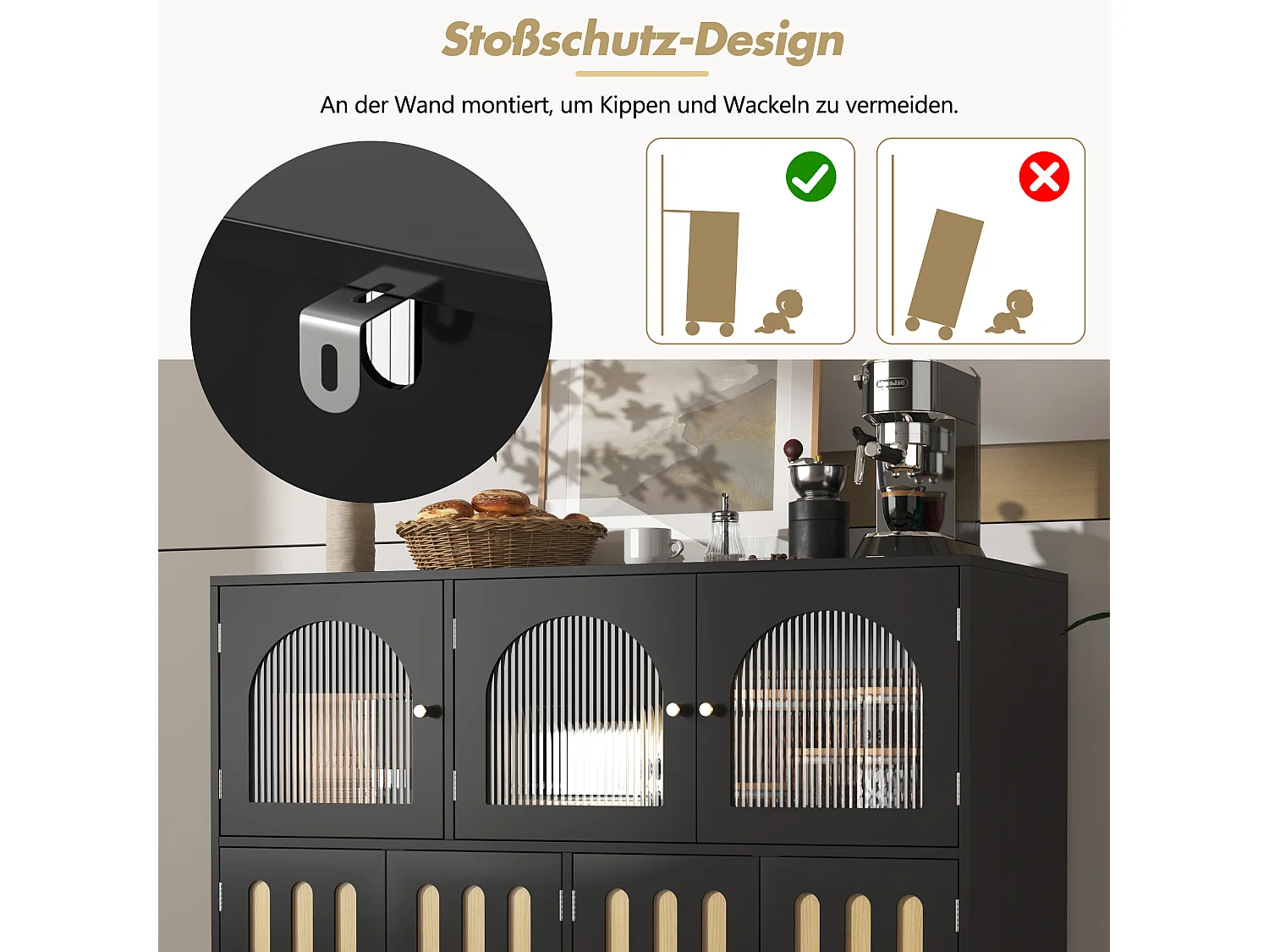 Modern dressoir met 7 deuren - 120 x 40 x 90 cm - MDF hout - Voor woonkamer of keuken - Zwart