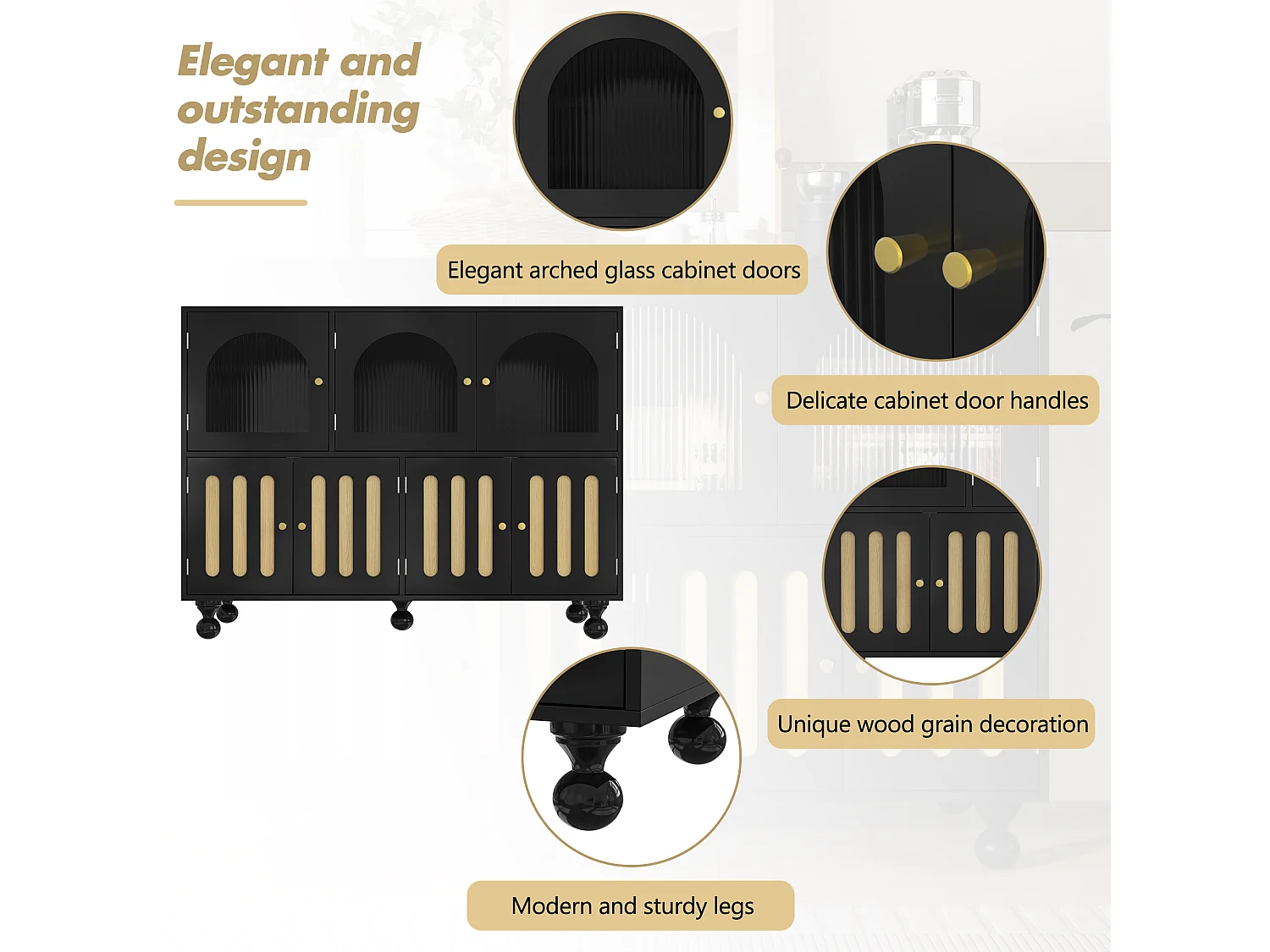 Modern dressoir met 7 deuren - 120 x 40 x 90 cm - MDF hout - Voor woonkamer of keuken - Zwart