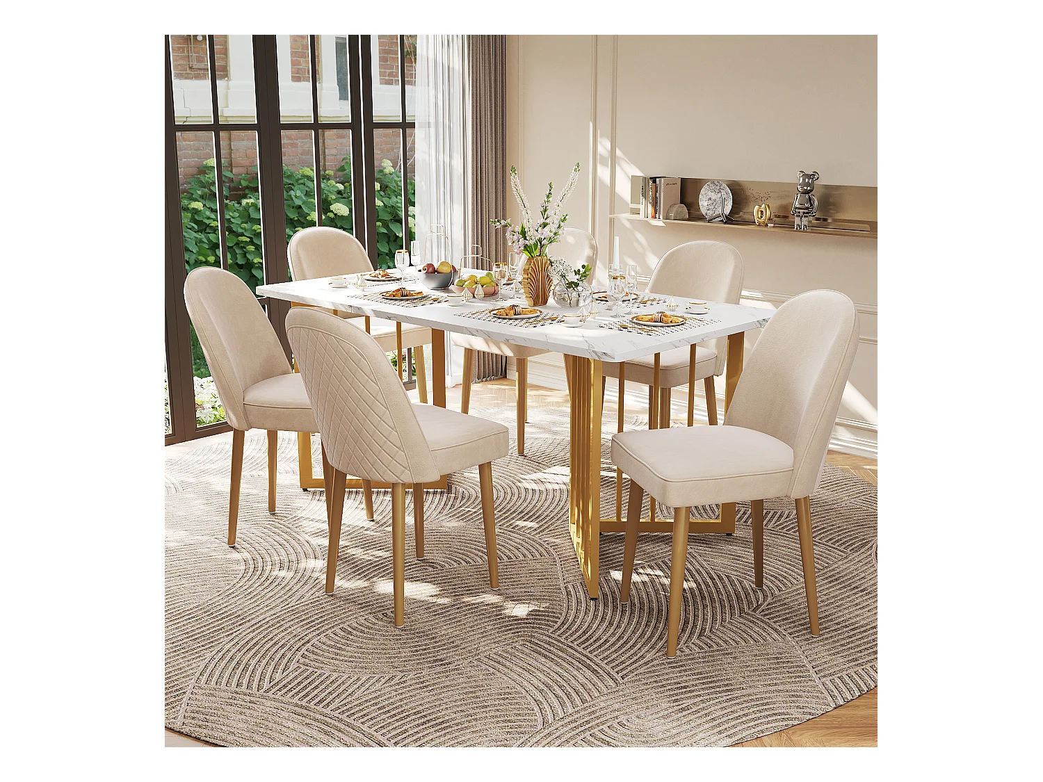 Lot de 6 chaises de salle à manger modernes en velours - Pièds en métal doré - Sans accoudoirs - Beige