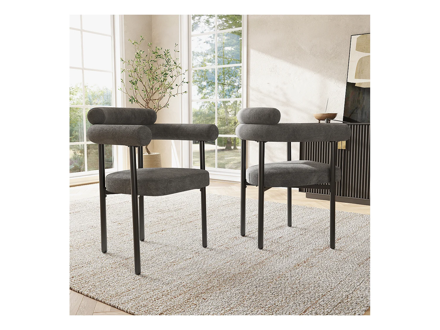Lot de 2 chaises de salle à manger en velours - Pièds en métal - Avec accoudoirs - Gris foncé