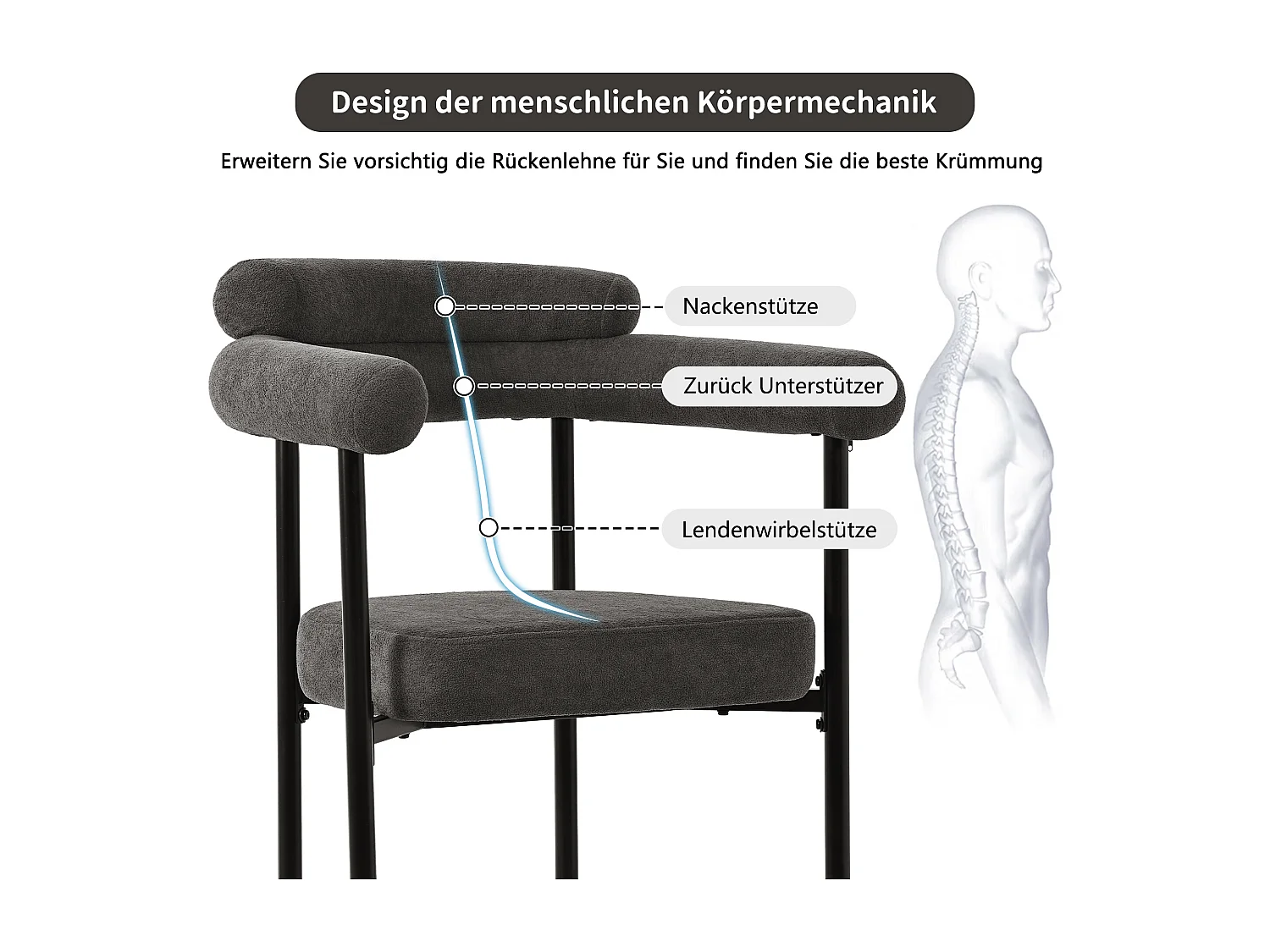 Lot de 6 chaises de salle à manger en velours - Pièds en métal - Avec accoudoirs - Gris foncé