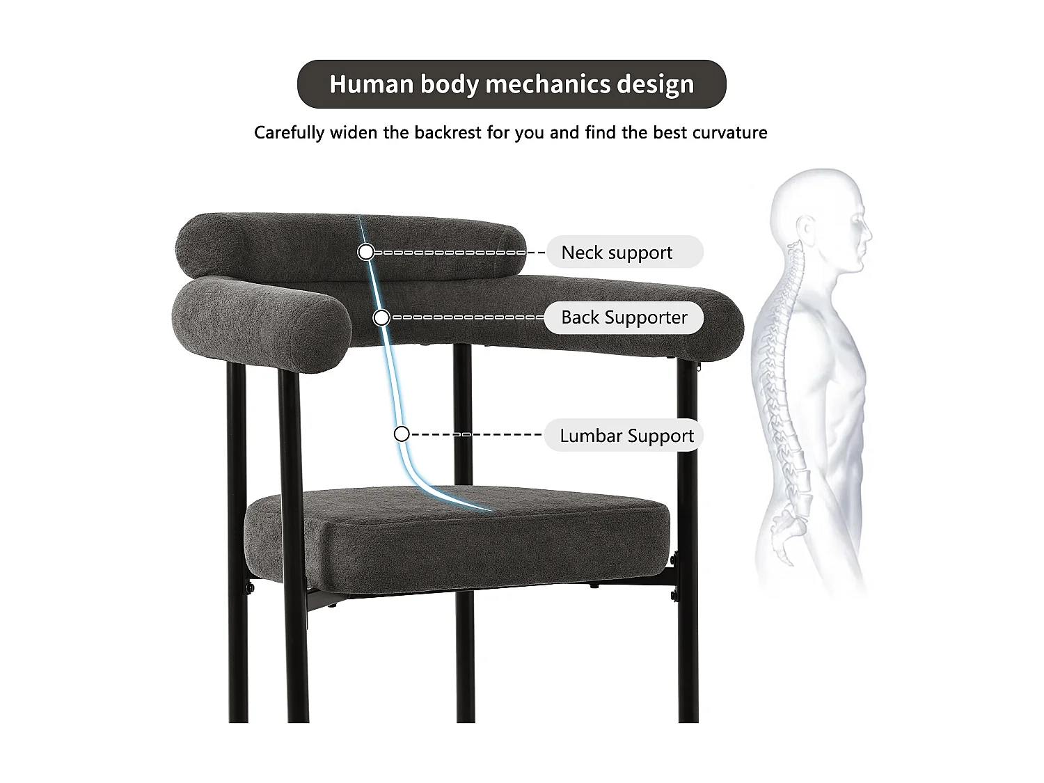 Lot de 6 chaises de salle à manger en velours - Pièds en métal - Avec accoudoirs - Gris foncé