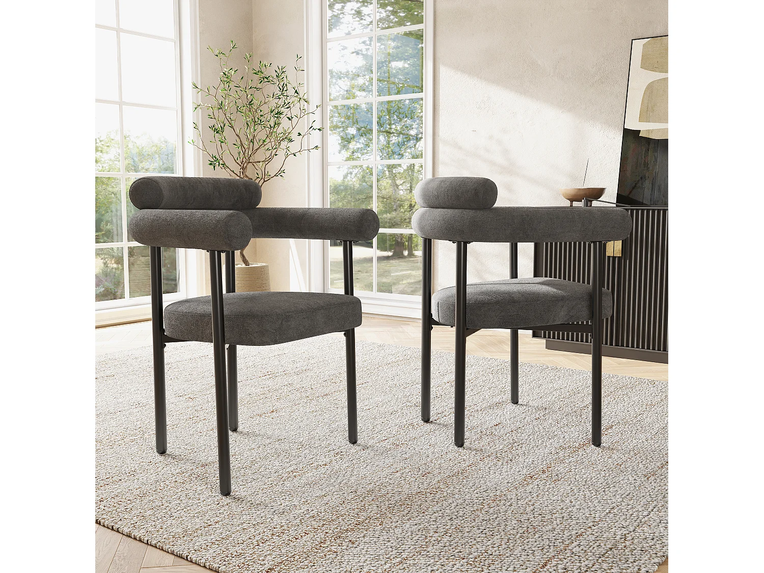 Lot de 6 chaises de salle à manger en velours - Pièds en métal - Avec accoudoirs - Gris foncé