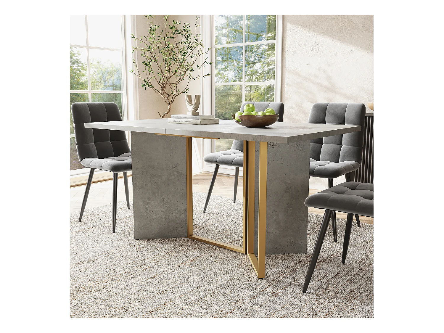 Table à manger rectangulaire 4 à 6 couverts - 119 x 70 x 75 cm - Bois MDF + Metal - Gris et or