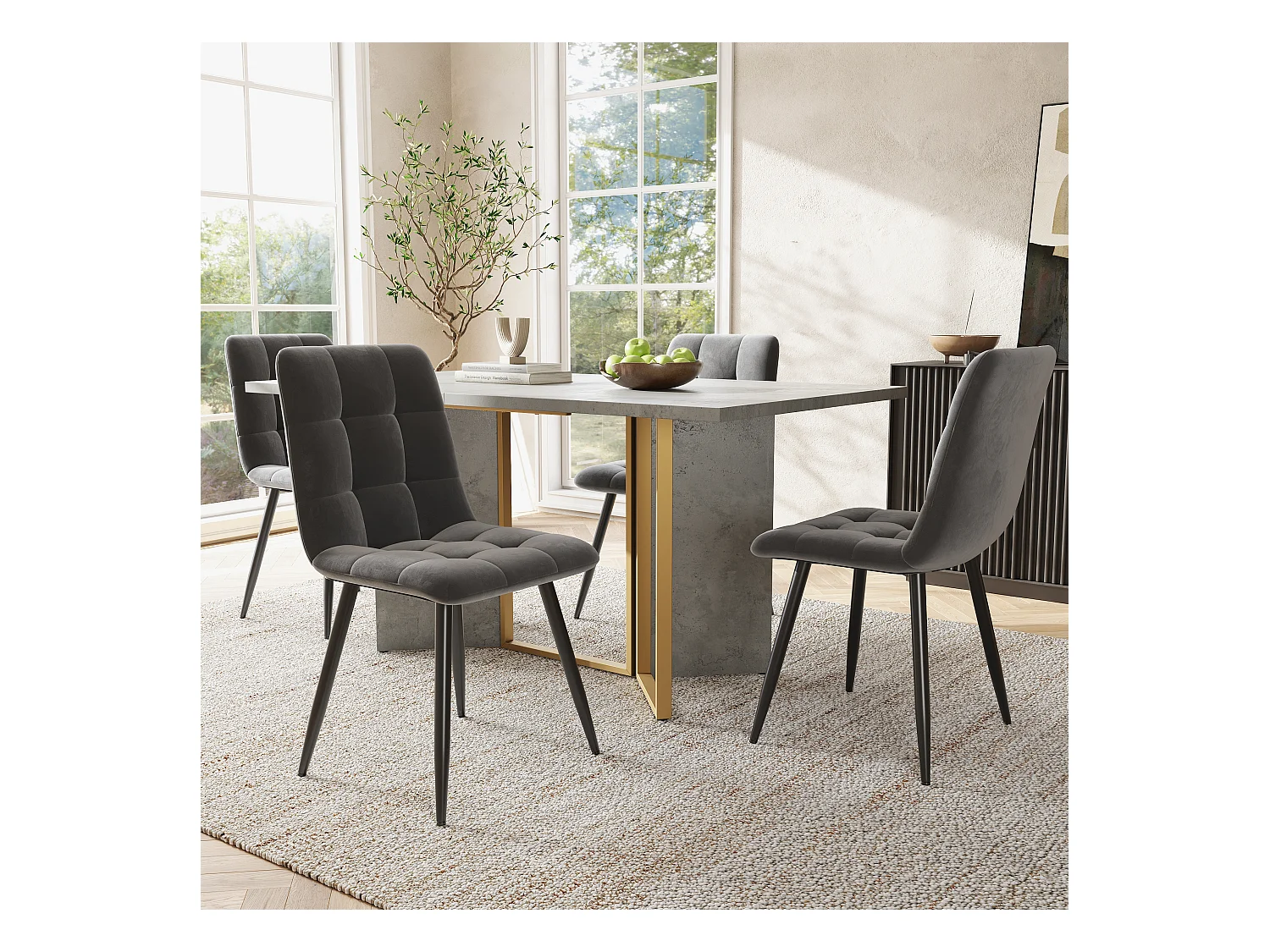 Mesa de comedor rectangular para 4 a 6 cubiertos - 119 x 70 x 75 cm - Madera MDF + metal - Gris y dorado