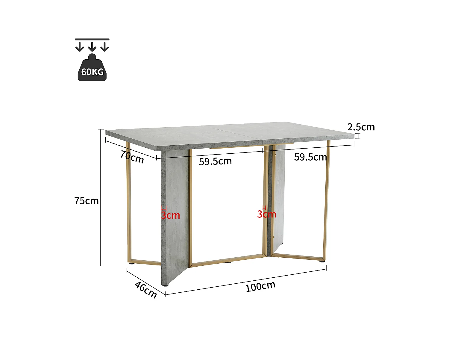 Mesa de comedor rectangular para 4 a 6 cubiertos - 119 x 70 x 75 cm - Madera MDF + metal - Gris y dorado