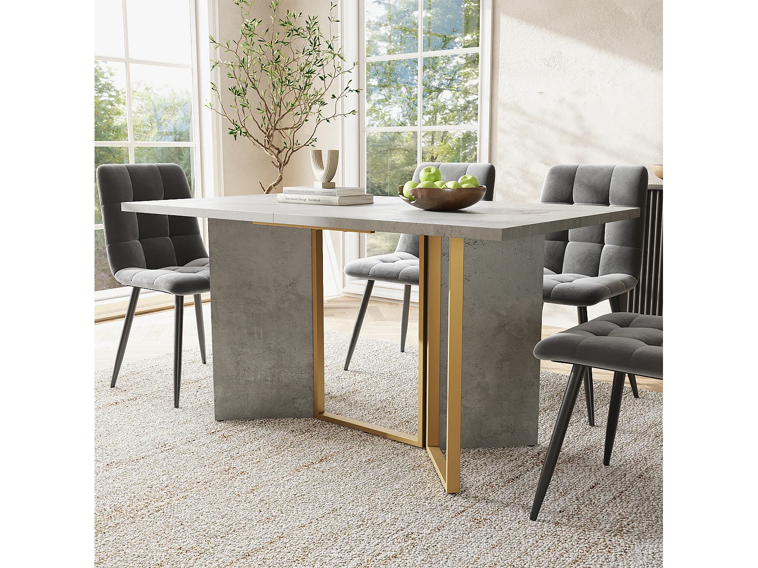 Table à manger rectangulaire 4 à 6 couverts - 119 x 70 x 75 cm - Bois MDF + Metal - Gris et or