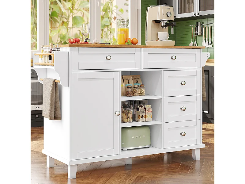 Ilot central de cuisine fixe avec une porte, 5 tiroirs et 3 compartiments ouverts - 134 x 46 x 92 cm - Bois MDF - Blanc