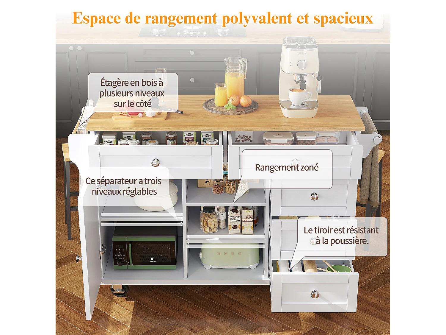 Isla de cocina central fija con una puerta, 5 cajones y 3 compartimentos abiertos - 134 x 46 x 92 cm - Madera MDF - Blanco