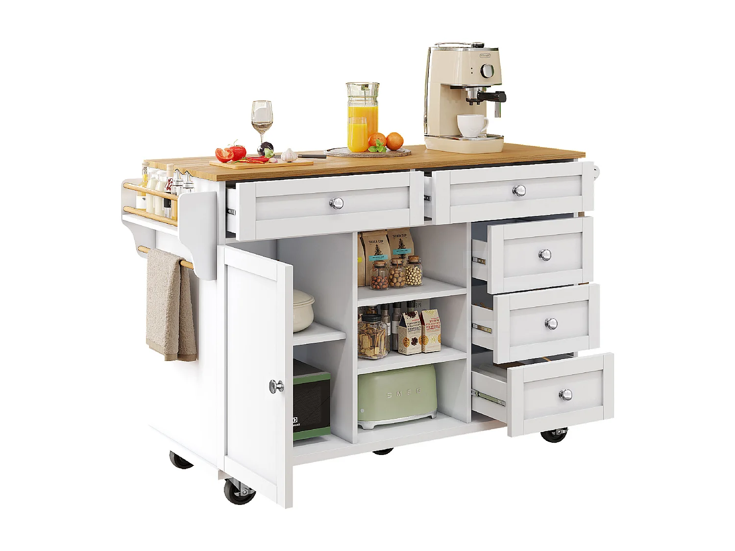 Isla de cocina central fija con una puerta, 5 cajones y 3 compartimentos abiertos - 134 x 46 x 92 cm - Madera MDF - Blanco