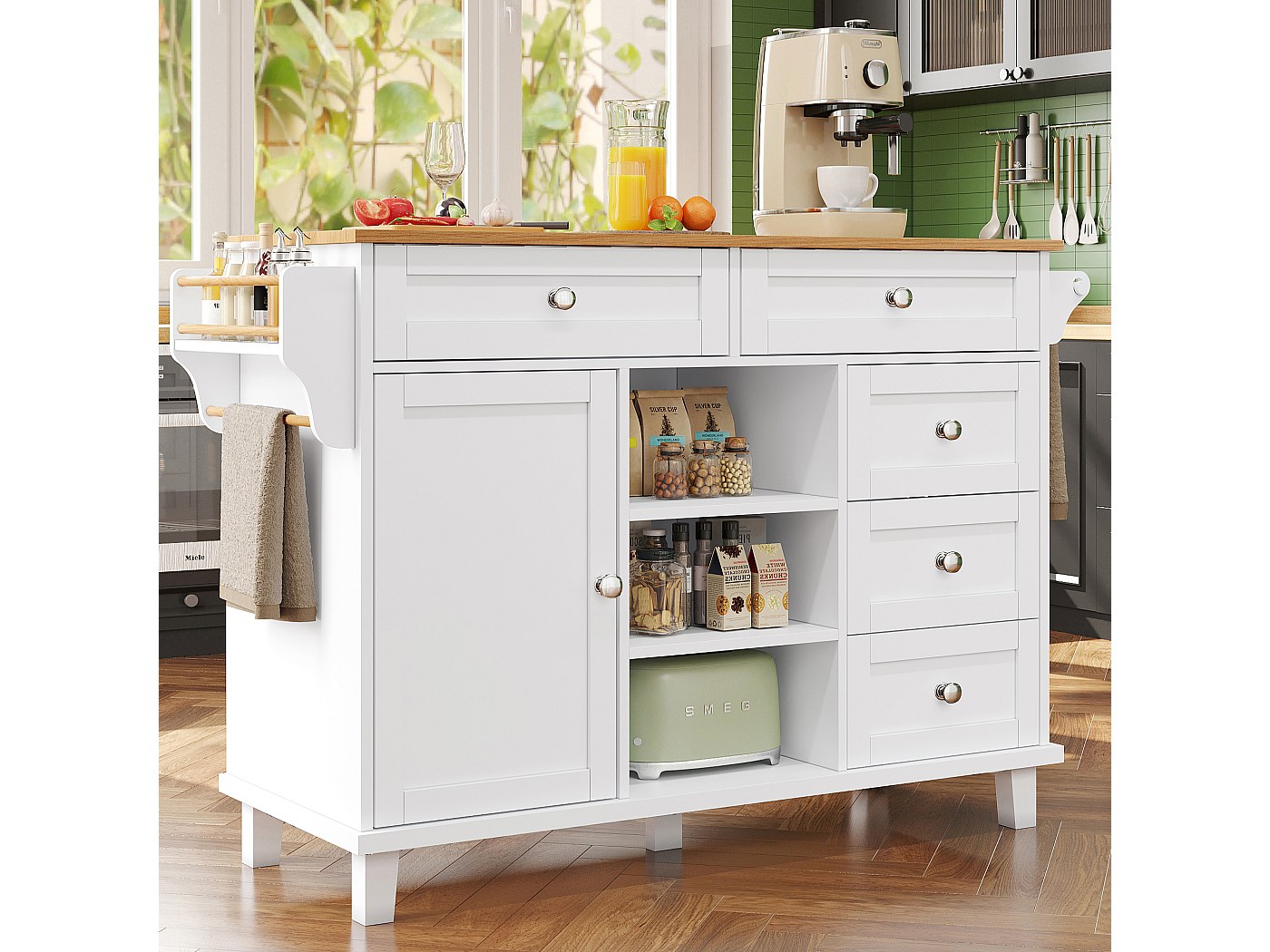Îlot Central De Cuisine En MDF - 6 Tiroirs, 4 Niches - Coloris Naturel Clair Et Blanc - Dimensions 140x80x91 Cm