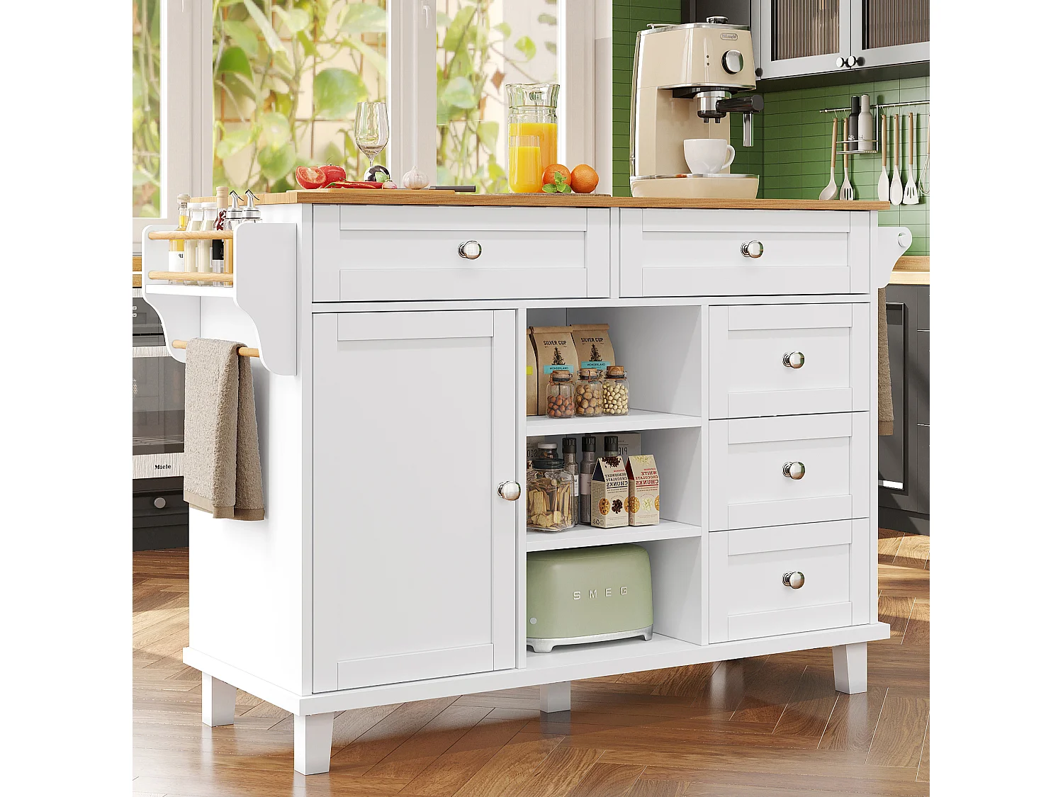 Ilot central de cuisine fixe avec une porte, 5 tiroirs et 3 compartiments ouverts - 134 x 46 x 92 cm - Bois MDF - Blanc