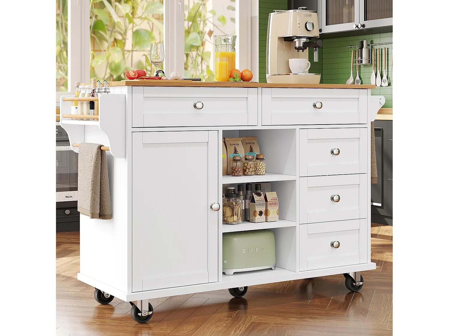 Ilot central de cuisine fixe avec une porte, 5 tiroirs et 3 compartiments ouverts - 134 x 46 x 92 cm - Bois MDF - Blanc