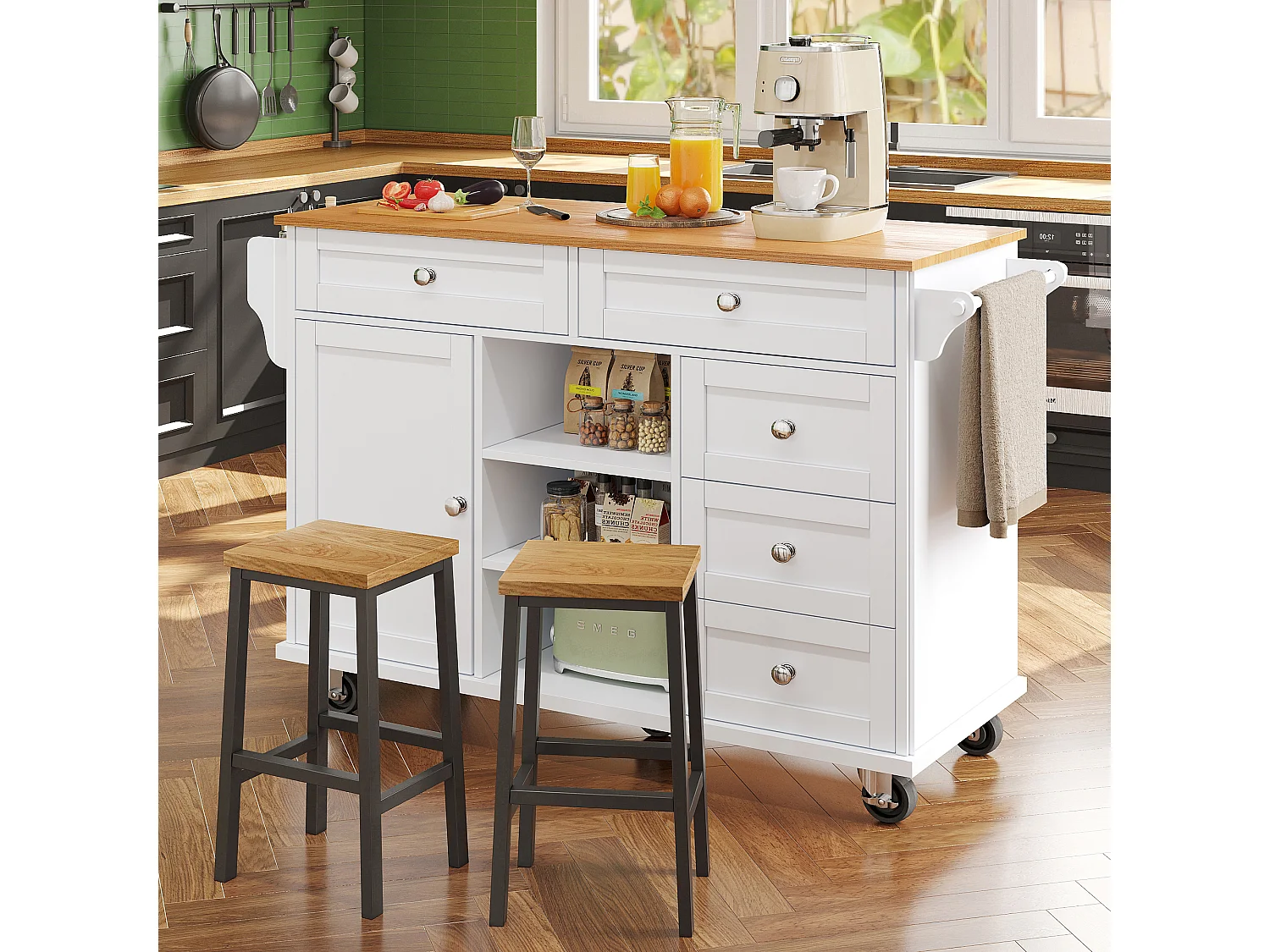 Ilot central de cuisine fixe avec une porte, 5 tiroirs et 3 compartiments ouverts - 134 x 46 x 92 cm - Bois MDF - Blanc
