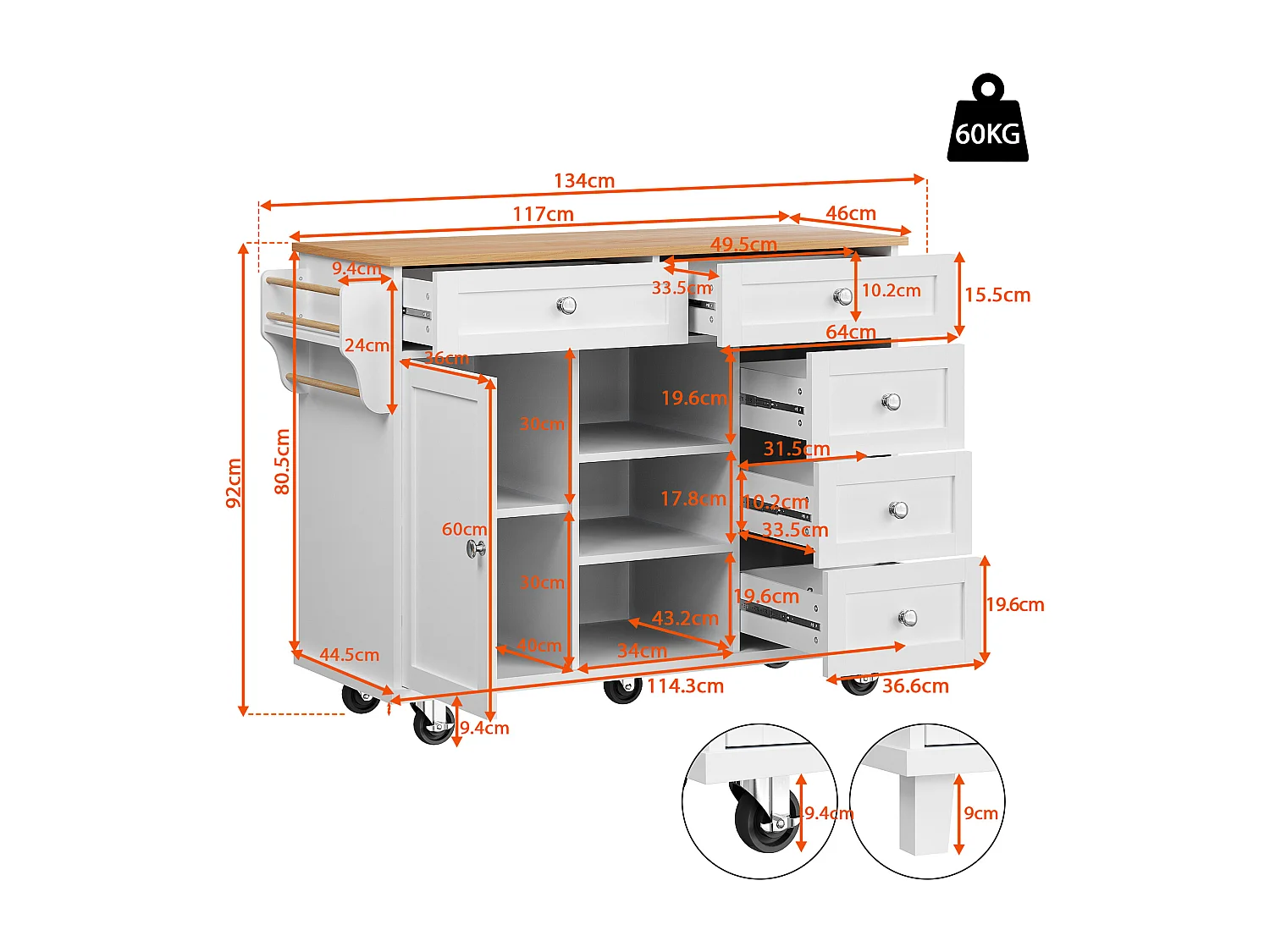 Ilot central de cuisine fixe avec une porte, 5 tiroirs et 3 compartiments ouverts - 134 x 46 x 92 cm - Bois MDF - Blanc