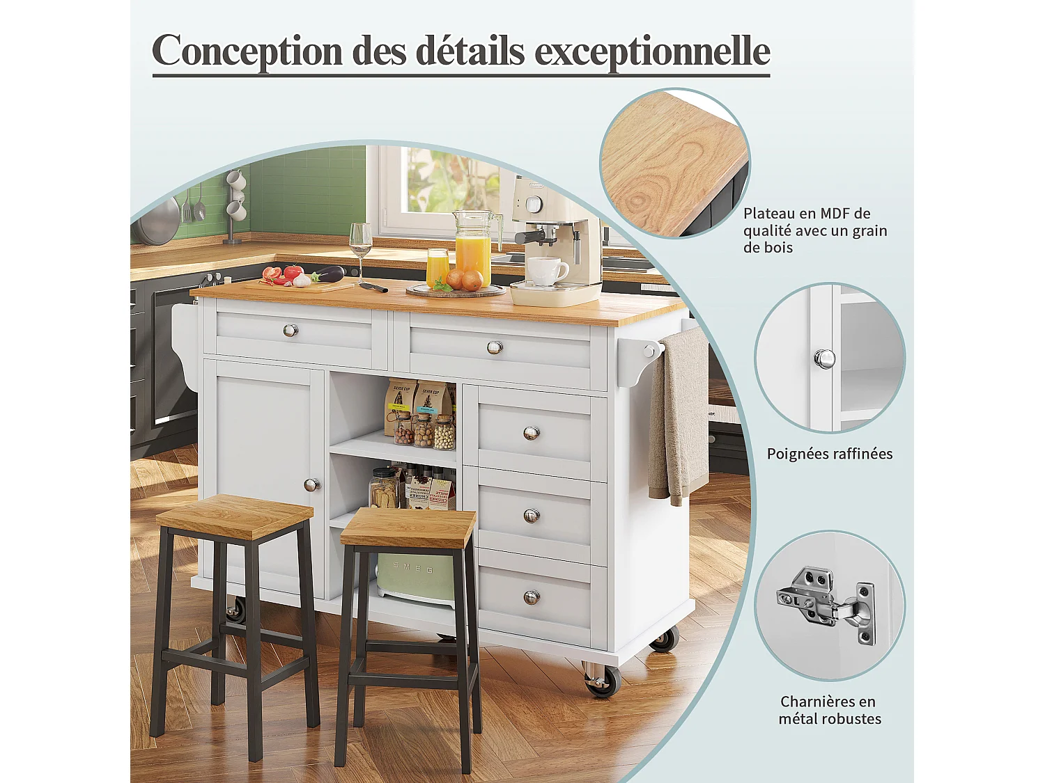 Ilot central de cuisine fixe avec une porte, 5 tiroirs et 3 compartiments ouverts - 134 x 46 x 92 cm - Bois MDF - Blanc