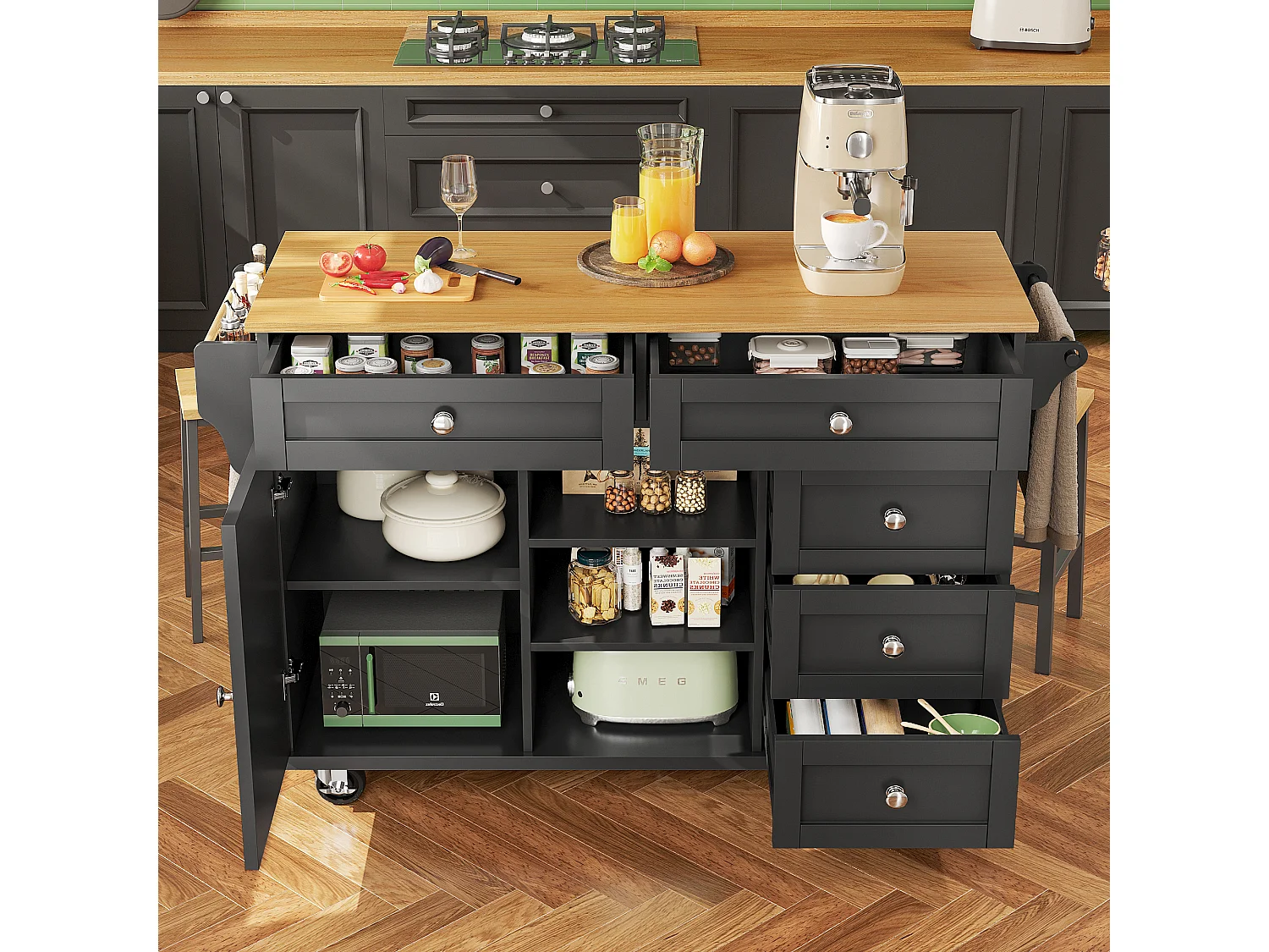 Isla de cocina central fija con una puerta, 5 cajones y 3 compartimentos abiertos - 134 x 46 x 92 cm - Madera MDF - Negro
