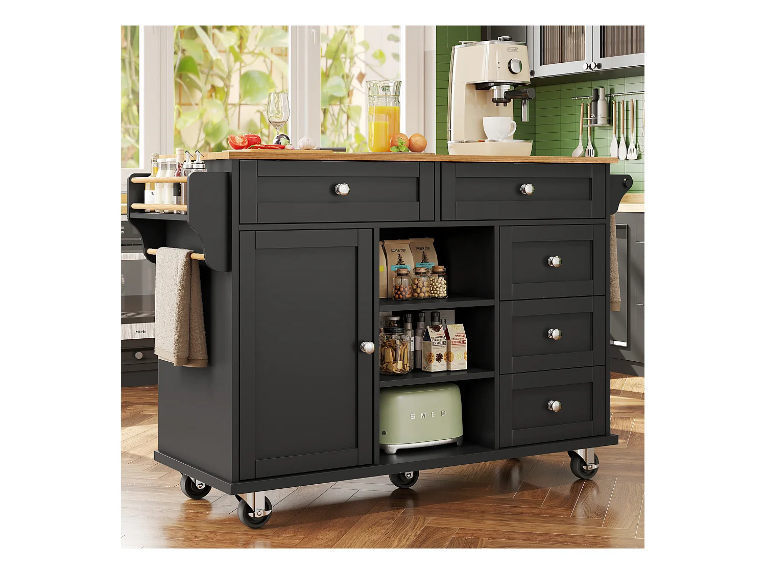 Ilot central de cuisine fixe avec une porte, 5 tiroirs et 3 compartiments ouverts - 134 x 46 x 92 cm - Bois MDF - Noir