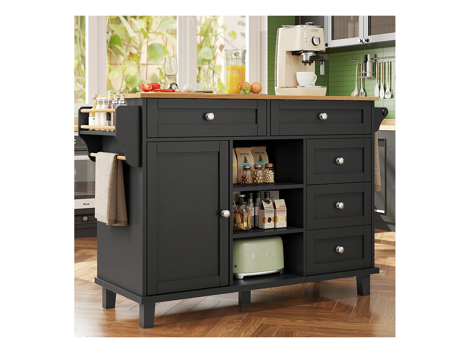 Ilot central de cuisine fixe avec une porte, 5 tiroirs et 3 compartiments ouverts - 134 x 46 x 92 cm - Bois MDF - Noir