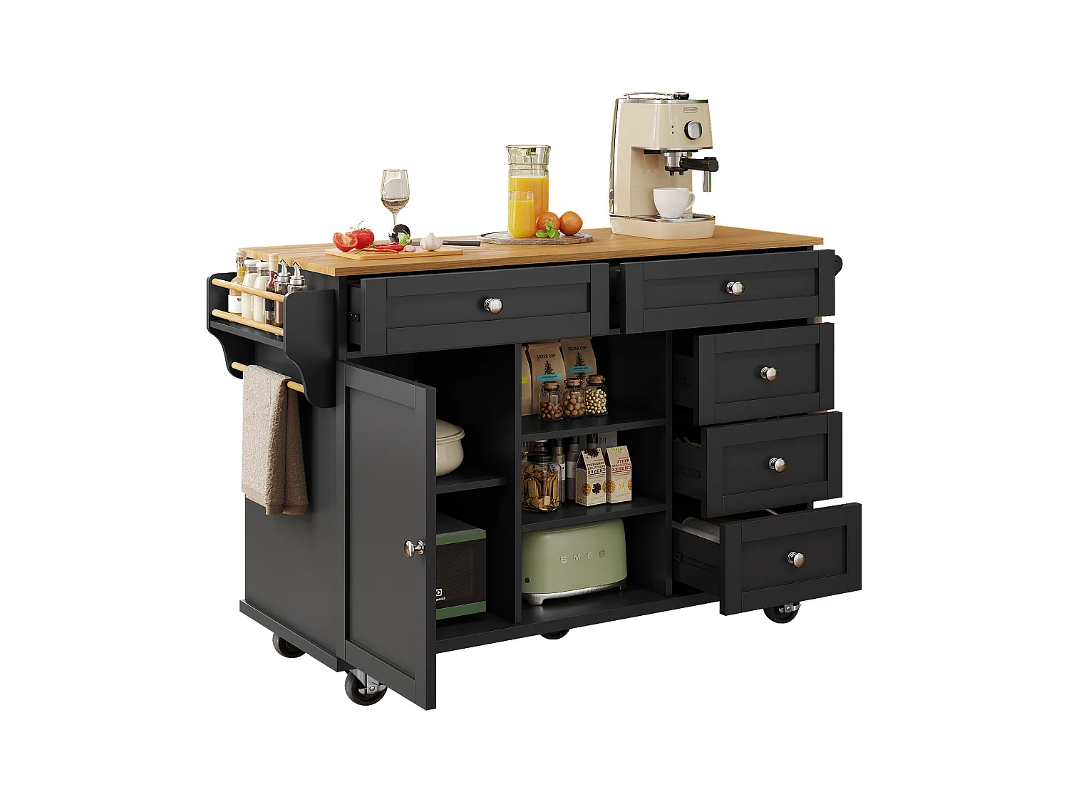 Ilot central de cuisine fixe avec une porte, 5 tiroirs et 3 compartiments ouverts - 134 x 46 x 92 cm - Bois MDF - Noir