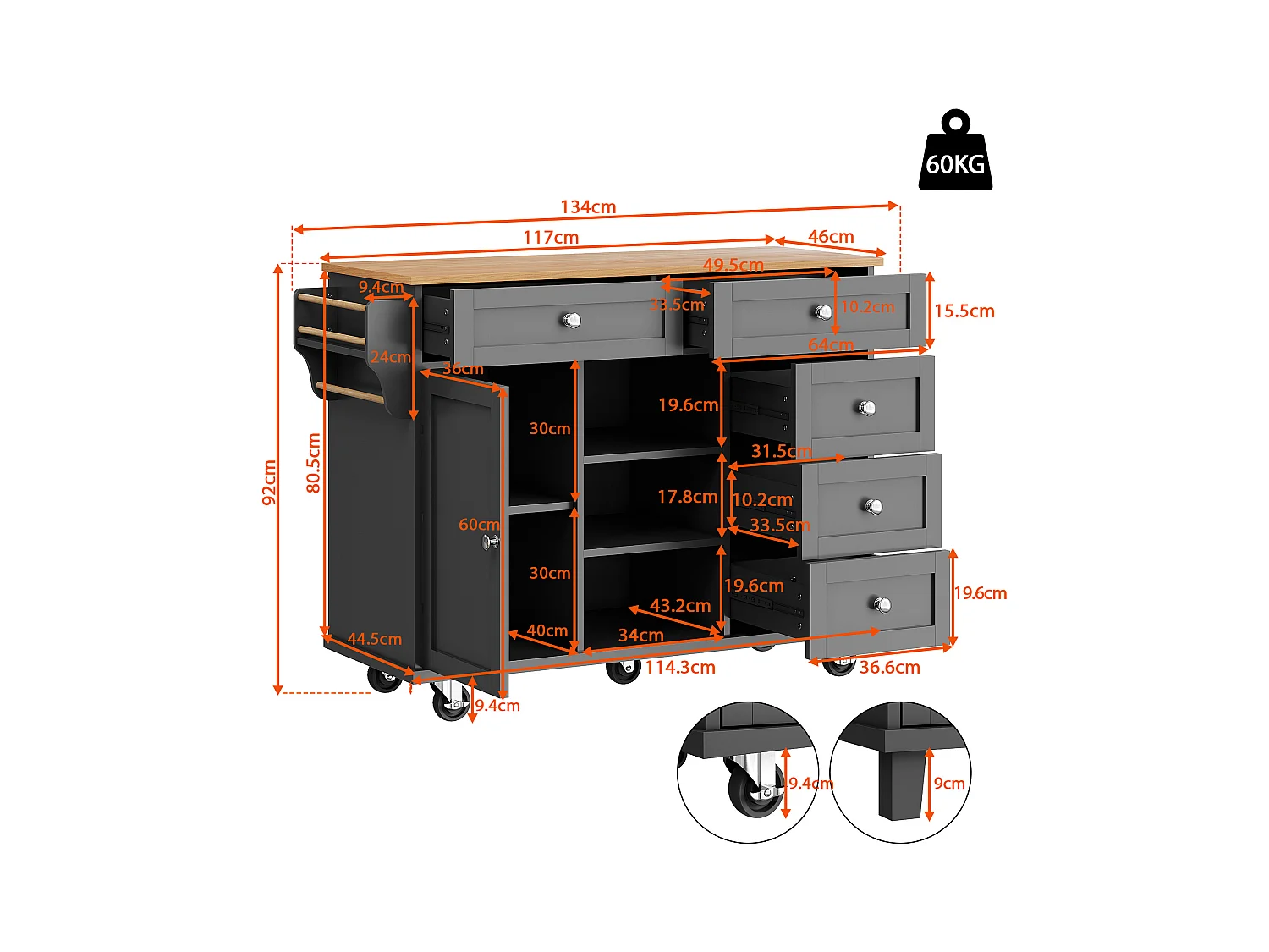 Ilot central de cuisine fixe avec une porte, 5 tiroirs et 3 compartiments ouverts - 134 x 46 x 92 cm - Bois MDF - Noir