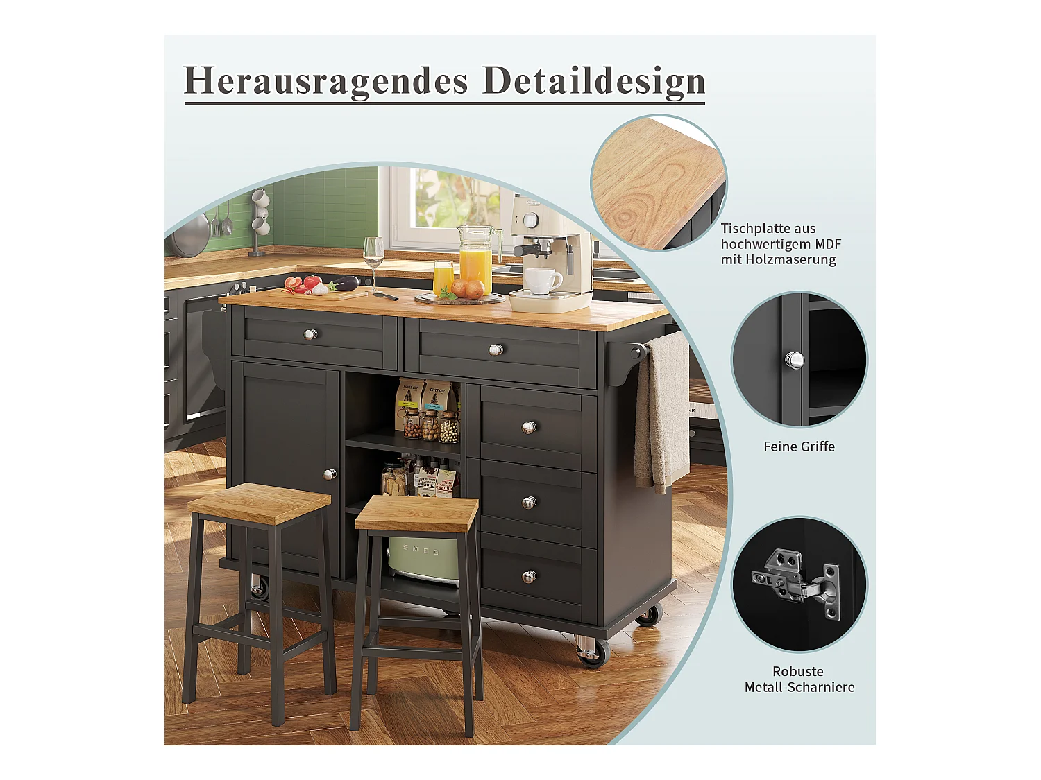 Ilot central de cuisine fixe avec une porte, 5 tiroirs et 3 compartiments ouverts - 134 x 46 x 92 cm - Bois MDF - Noir