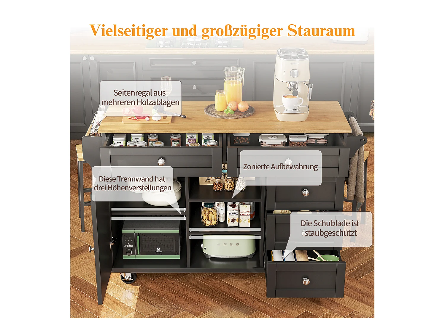 Ilot central de cuisine fixe avec une porte, 5 tiroirs et 3 compartiments ouverts - 134 x 46 x 92 cm - Bois MDF - Noir