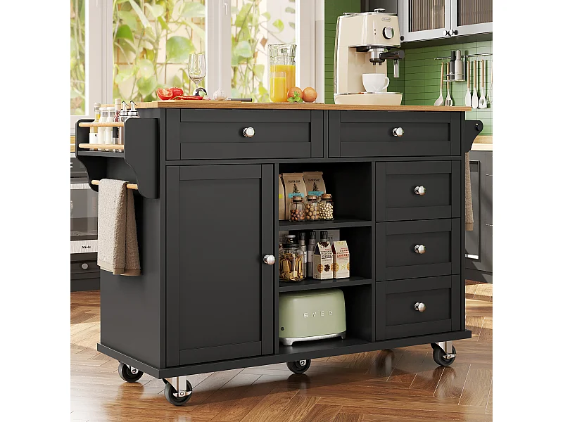 Îlot De Cuisine Mobile Avec Table Pliante - 129x71x91.5 Cm - 5 Roues, 2 Tiroirs, Rangement - Noir