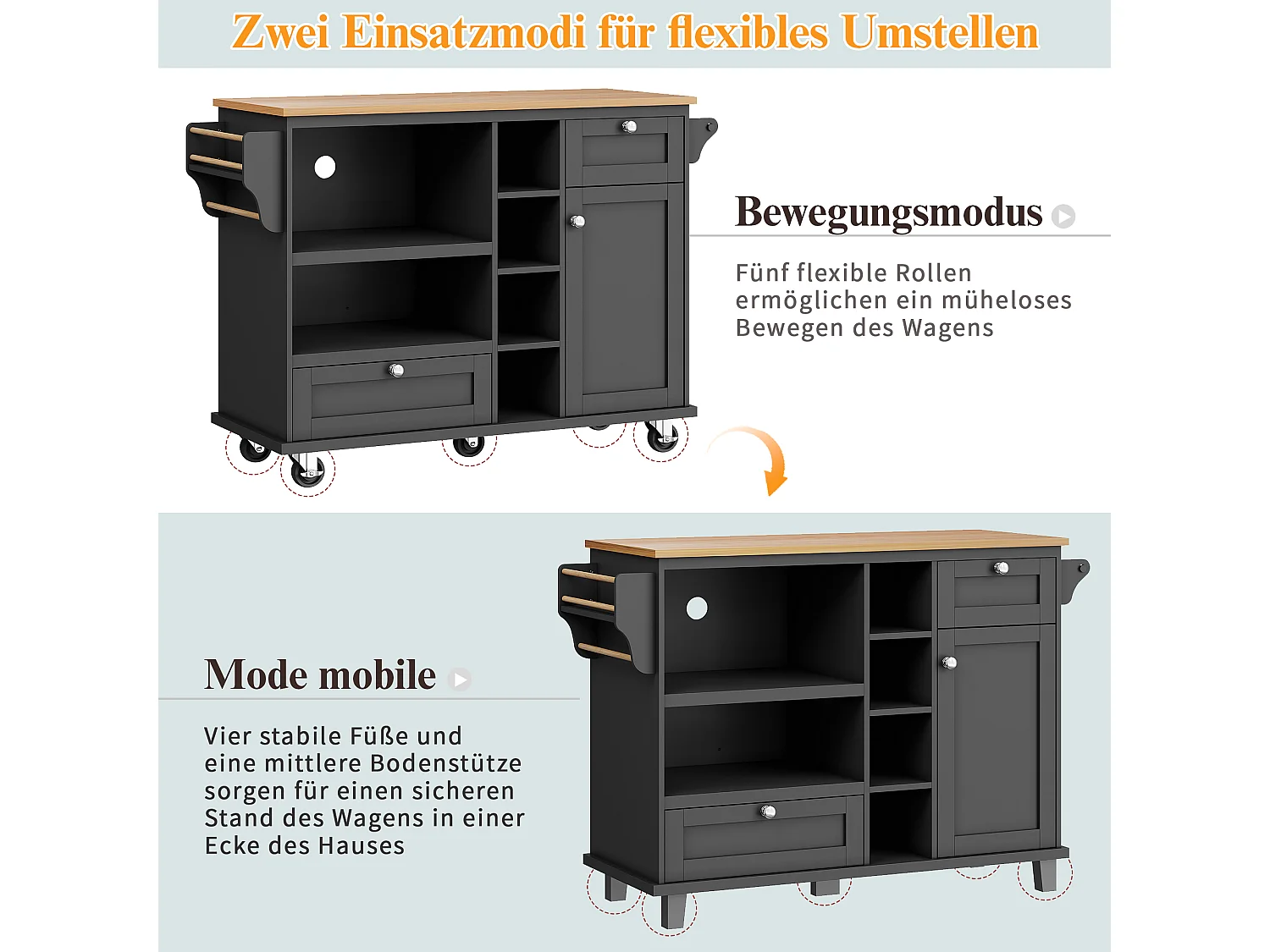 Mobiel centraal keukeneiland met één deur, 2 laden en open opbergplanken - 129 x 46 x 92 cm - MDF hout - Zwart